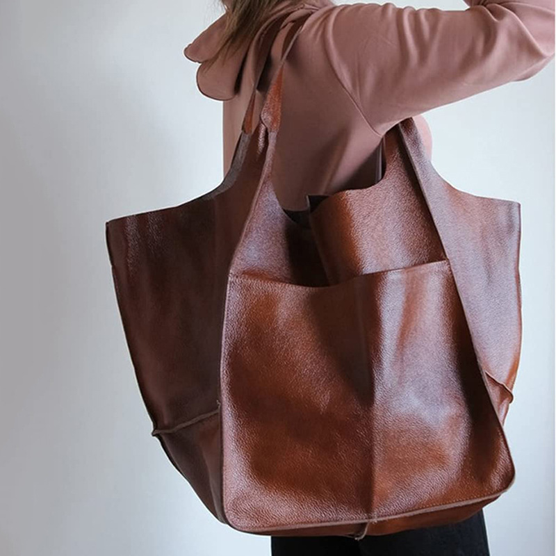 European and American Retro 2023 New Simple Large Bag Soft Leather Large Capacity Shoulder Hand Tote Cross-border Women's Bag _voghion.com