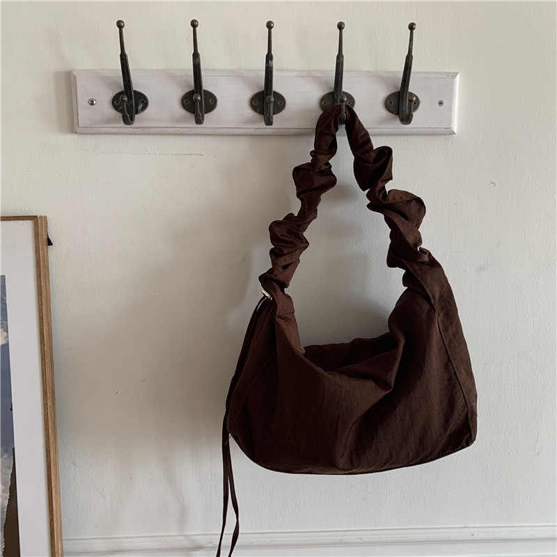 Canvas Bag Women's Korean-style Single-shoulder Pleated Drawstring Canvas Bag Small Fresh Artistic Solid Color Portable Crossbody Casual Women's Bag_voghion.com
