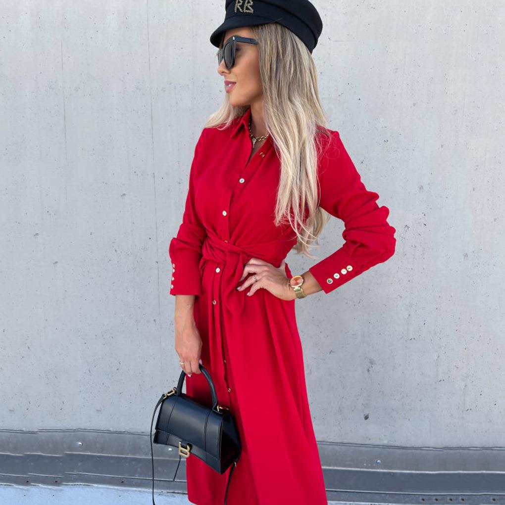 European and American cross-border women's clothing Amazon 2022 autumn and winter New long dress solid color cardigan long sleeve large swing dress