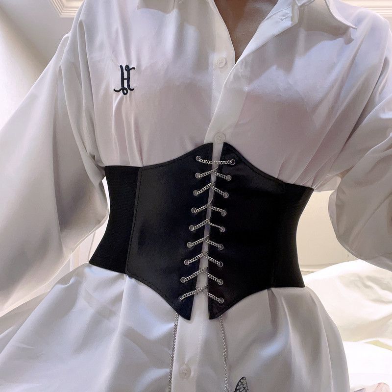 New Waist Women's Super Wide Court Style Waist Seal Tie Belt Bow Chain Embroidery Slimming Elastic Waist Seal Belt