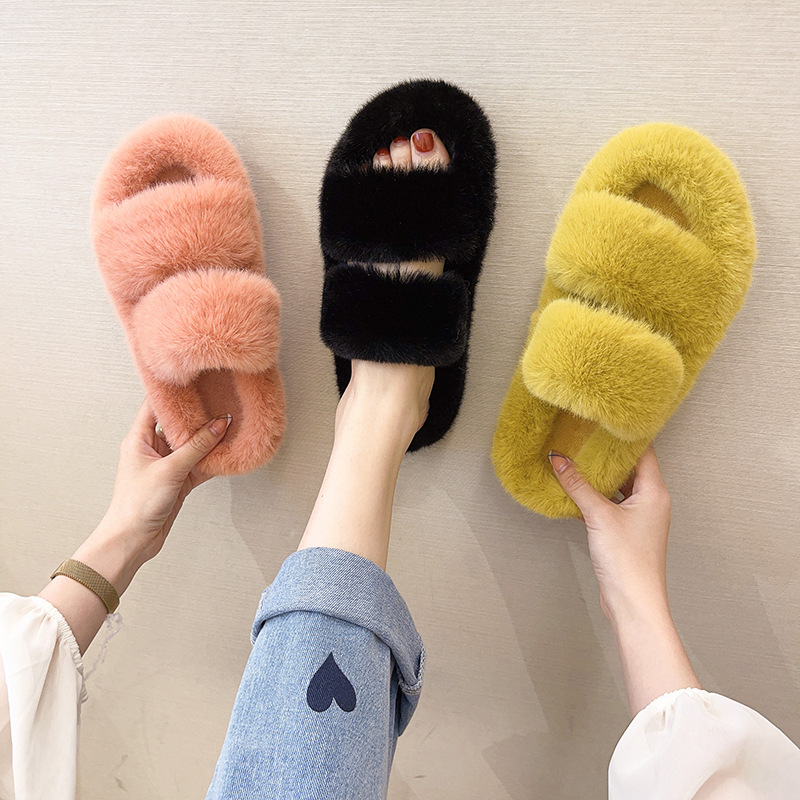 Foreign trade large size double Mao Mao slippers women autumn and winter New wear flat bottom one-word warm cotton slippers women Wholesale_voghion.com