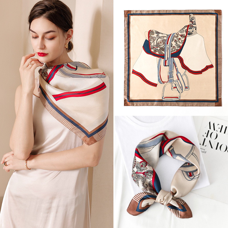 Silk Scarf 2024 Summer New Plaid Saddle Double-sided Printing 70 Small Silk Scarf Square Scarf Wholesale Retro Tie Bag Ribbon - ShopShipShake