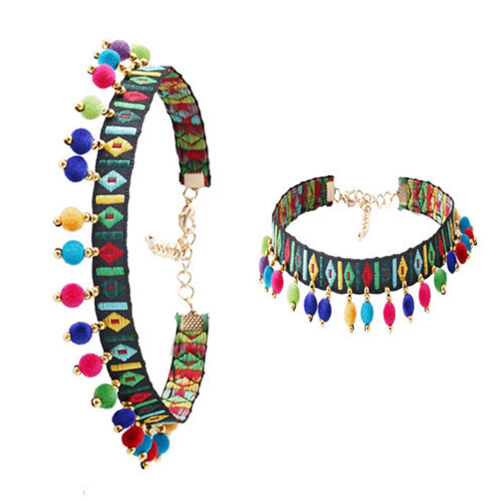 New European and American exotic cross-border fabric embroidery color multi ball bead tassel neck with foreign trade Jewelry necklace