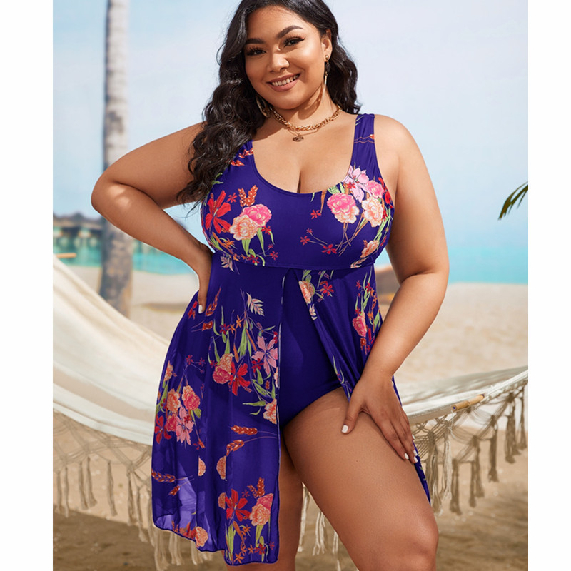 2023 European and American cross-border New plus size women's one-piece bikini skirt mesh printed loose conservative swimsuit