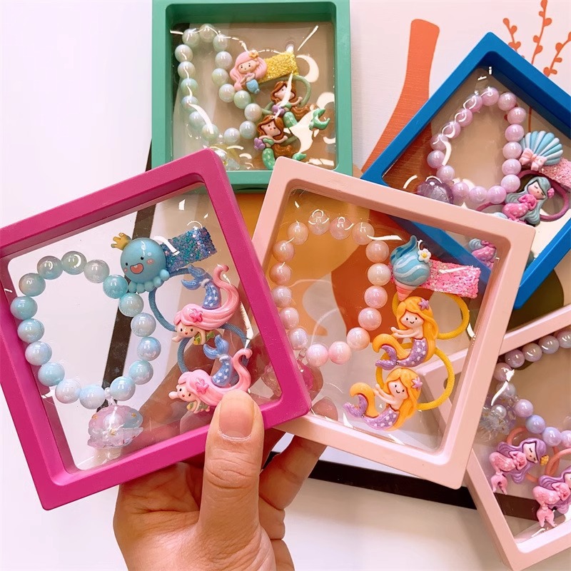 Children's Bracelet Set Unicorn Fishtail Hand Beaded Jewelry Cute Ear Clip Jewelry Gift Box Cross-border Jewelry