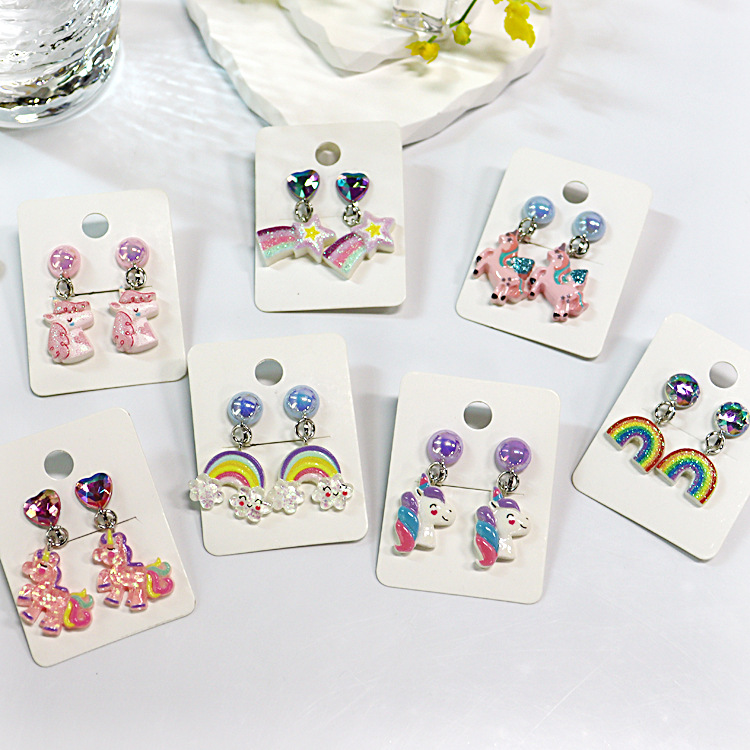 Cute cartoon children pendant ear clip mermaid unicorn earring resin pendant ear clip wholesale