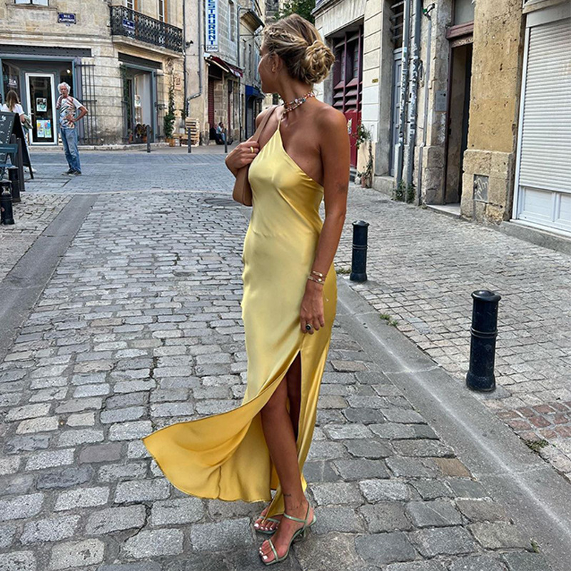 Cross-border 2024 summer new European and American Amazon sexy slim shoulder solid color backless long dress multi-color