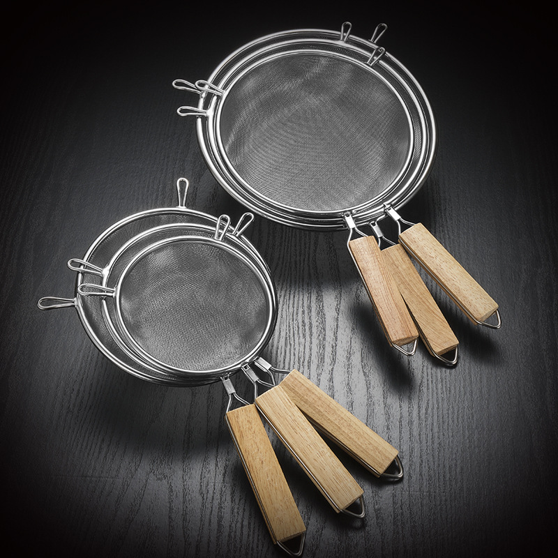 304 Stainless Steel Large Colander Wooden Handle Binaural Fried Spoon Household Kitchenware Fish Noodles Mesh Leakage Filter