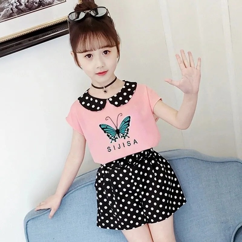 Girls' Sports Suit Summer New Children's Suit Girl's Western Style Wave Point Beach Two-Piece Shorts Sportswear