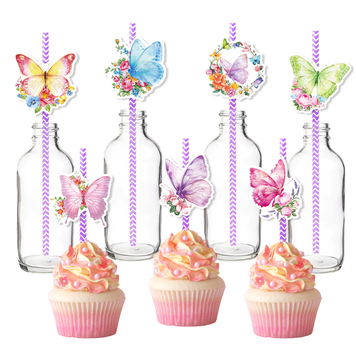 Cross-Border spring decorative straw plug-in flower butterfly theme party decorative straw flag insertion wholesale