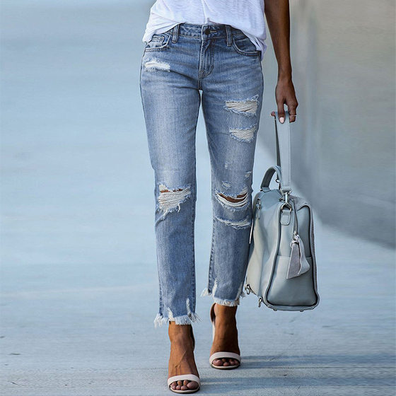 Factory direct 2023 new washed worn tassel ladies jeans Europe and the United States slim stretch leggings wholesale