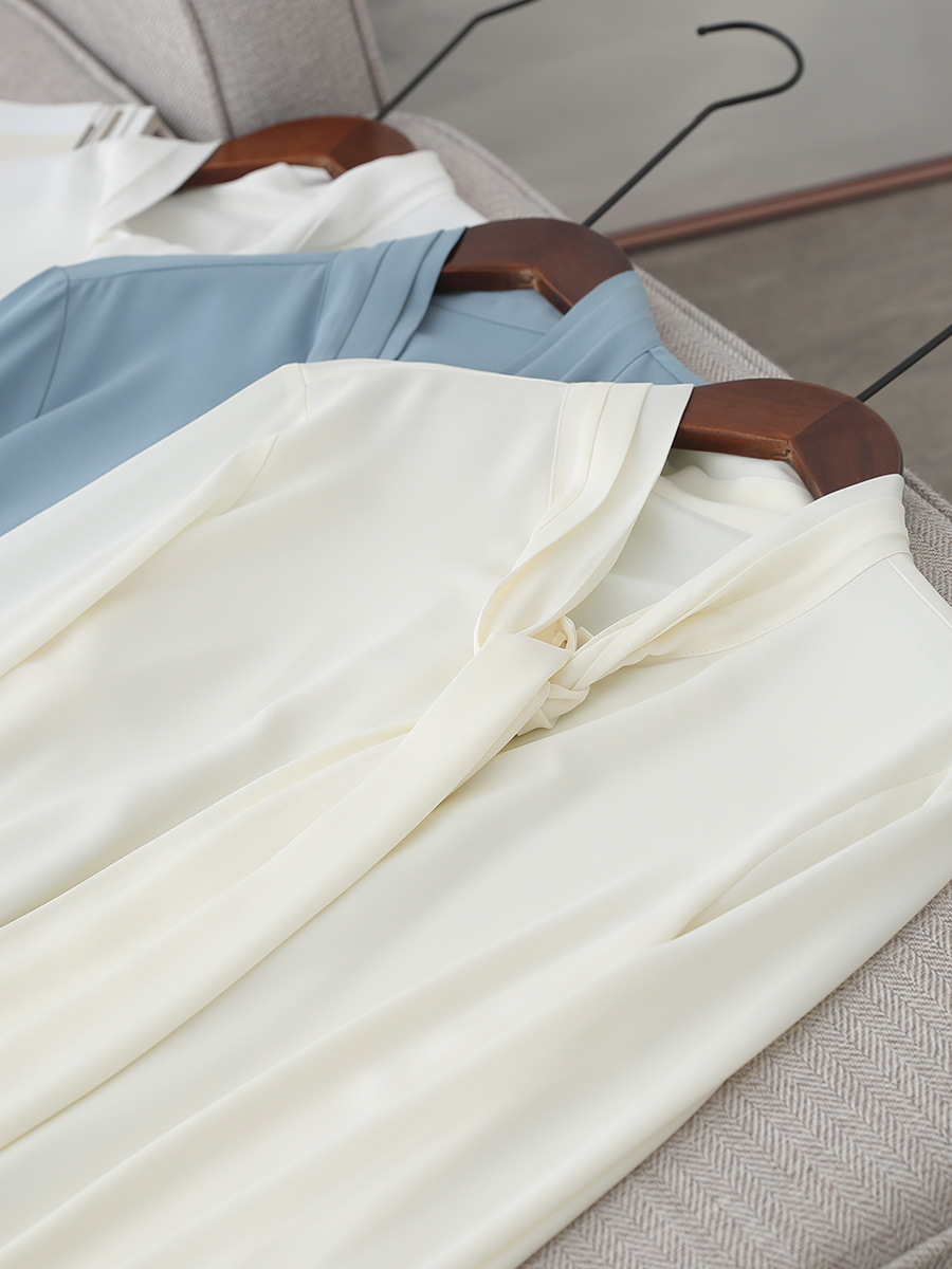 Spring and Autumn Women's New Elegant Fashionable Design Sense Breathable Chiffon Long Sleeve Shirt Bow Ribbon Draped Top