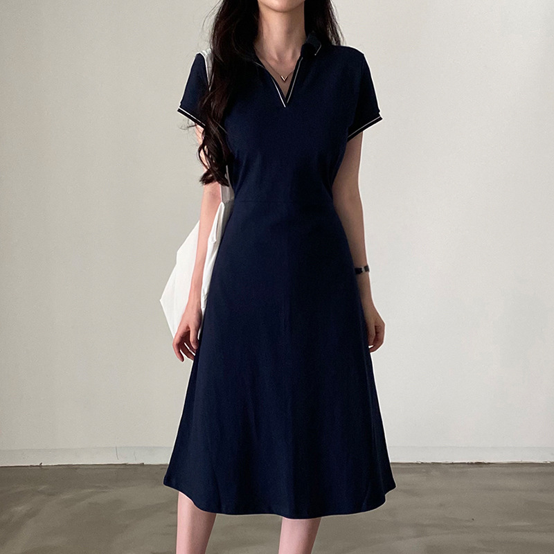 South Korea chic summer French retro POLO collar contrast color trim waist slimming short sleeve A- line dress women