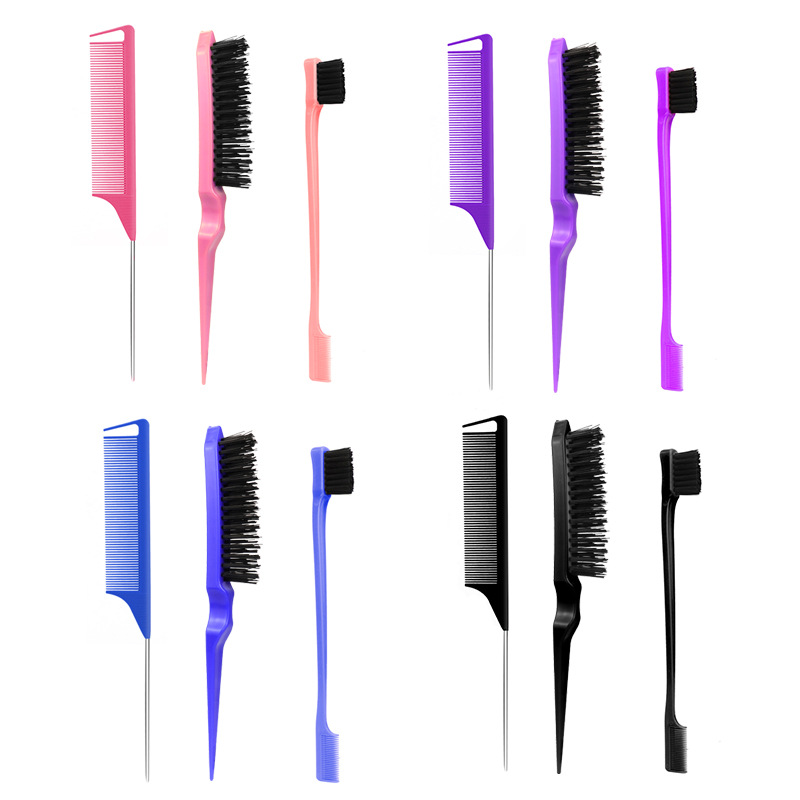 Amazon hair comb brush three-piece set hair comb steel needle pointed tail comb double-headed eyebrow brush makeup updo suit manufacturer