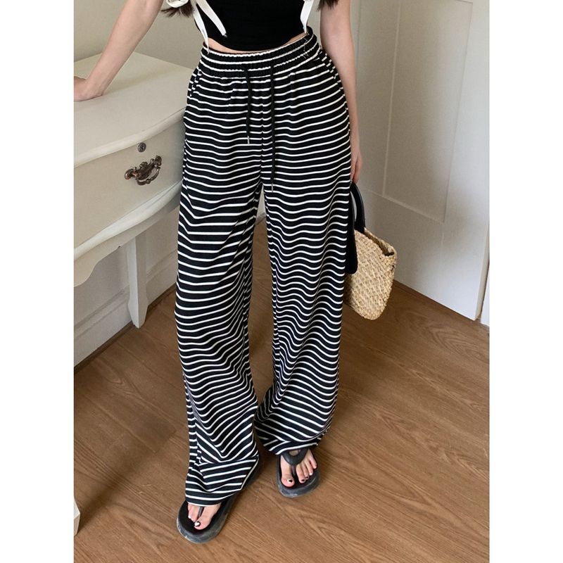 Hot Girl Striped Drawstring Dagging Casual Pants Women's Summer Korean Style Straight Pants Loose High Waist Wide Leg Pants