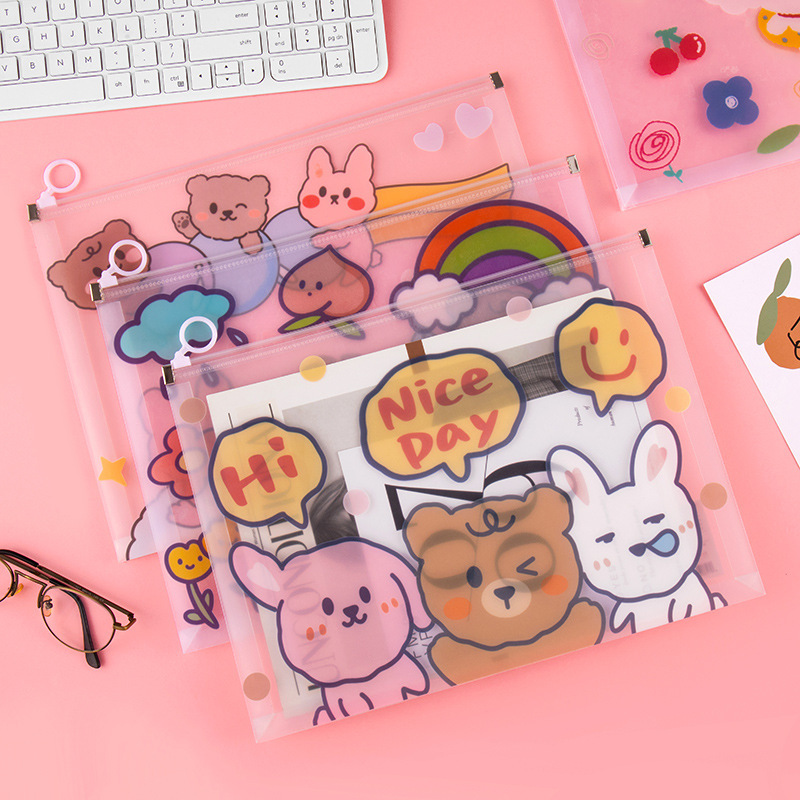 Cartoon transparent A4 waterproof drawstring bag small fresh PP student examination paper storage bag ring bag file bag thickened