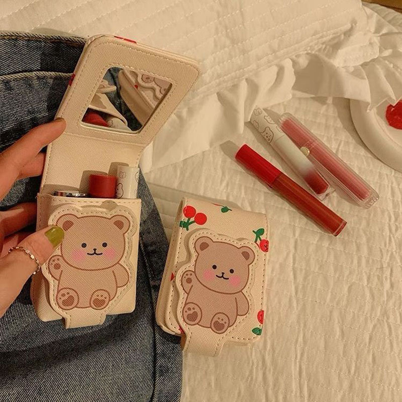 거울 곰 입 빨간 봉투 미니 작은 가방 소녀 휴대용 여행 메이크업 보관 가방 보호 케이스