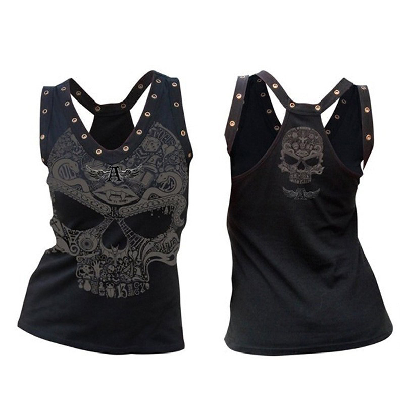 Ou Code Cross Border Spring and Summer Women's Black Vest New Skull Rose Print Dark Style Sleeveless Top