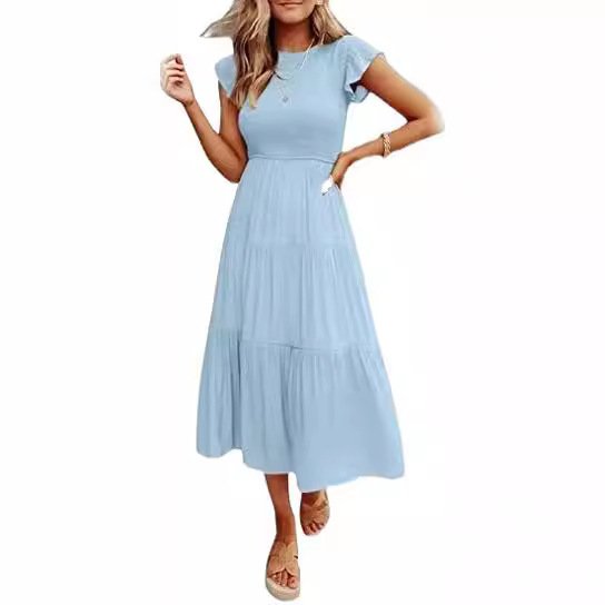 2022 Europe and the United States foreign trade cross-border women's clothing Amazon explosive flying sleeve pleated layered short sleeve large pendulum dress