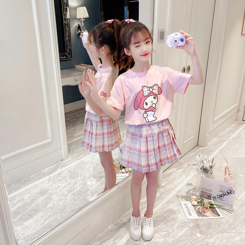 Girls pure cotton short-sleeved suit summer  new children's jk skirt summer suit big children T-shirt two-piece set