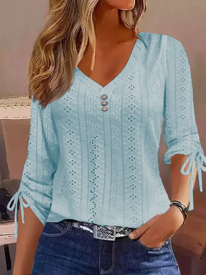 2023 Autumn and Winter Europe and America Amazon TEMU Independent Station Cross-border New Solid Color Jacquard Button Long Sleeve T-shirt Top