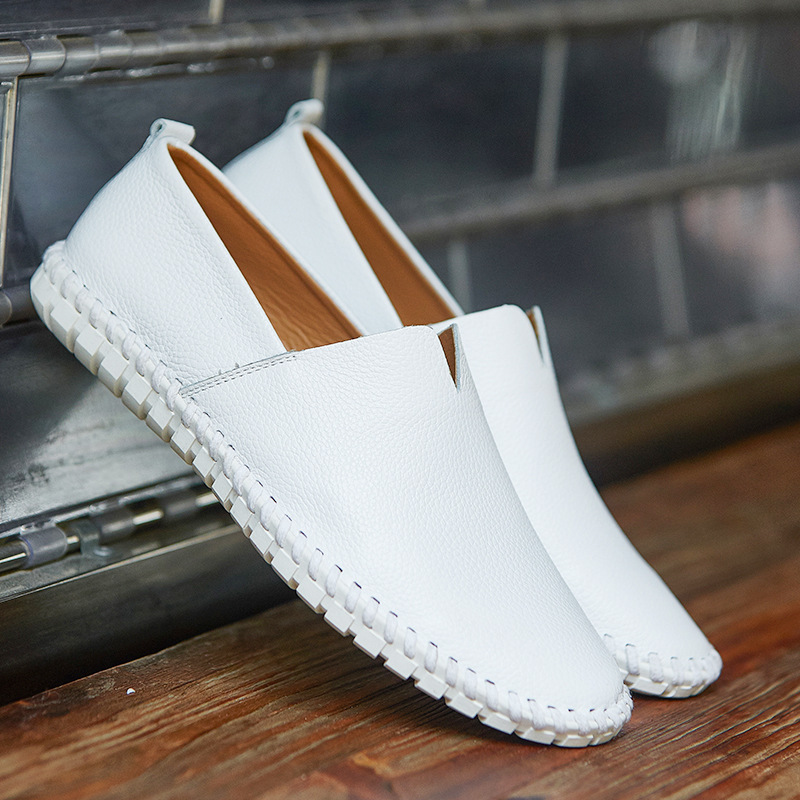 Cross-border Large Size Slip-on Men's Shoes Hand-stitched Men's Peas Shoes Spring and Summer First Layer Cowhide Hollow Men's Leather Shoes