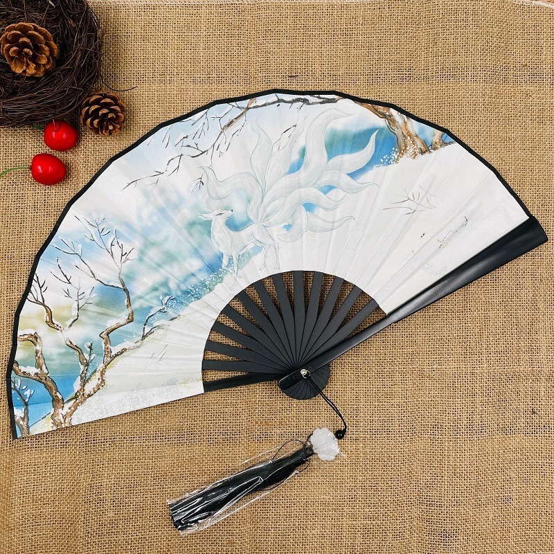 8 inch national fashion fan National style Chinese style fan double-sided silk cloth men's fan tassel ink painting fan antique folding fan