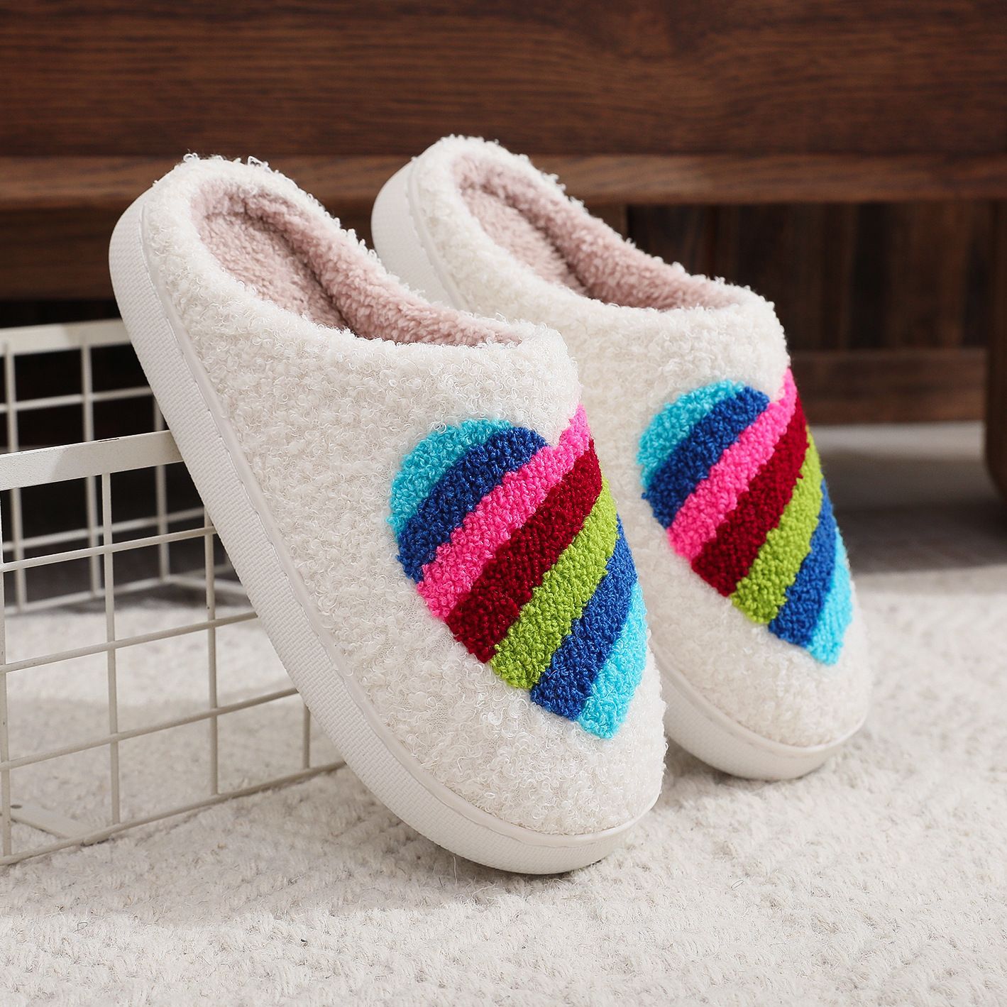 Cross-border mushroom hot winter smiley face peach heart cotton slippers women wholesale indoor home rainbow plush warm slippers