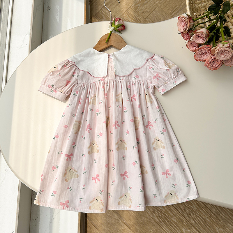 Korean Children's Wear Bow Embroidered Flower Collar Girl's Dress 2024 Summer Bear Print Short-sleeved Princess Dress