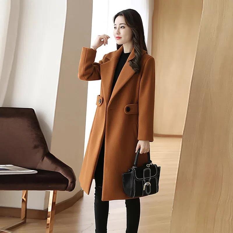 Jachetă de lână în stil coreean pentru femei, lungime medie, 2023, toamnă și iarnă, îmbrăcăminte pentru femei, slim-fit, palton de lână subțire_voghion.com