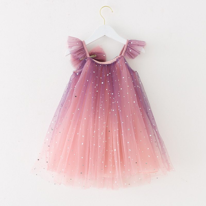 Girls' bow hair accessories mesh dress new children's stage dress flower girl princess dress sequined rainbow dress