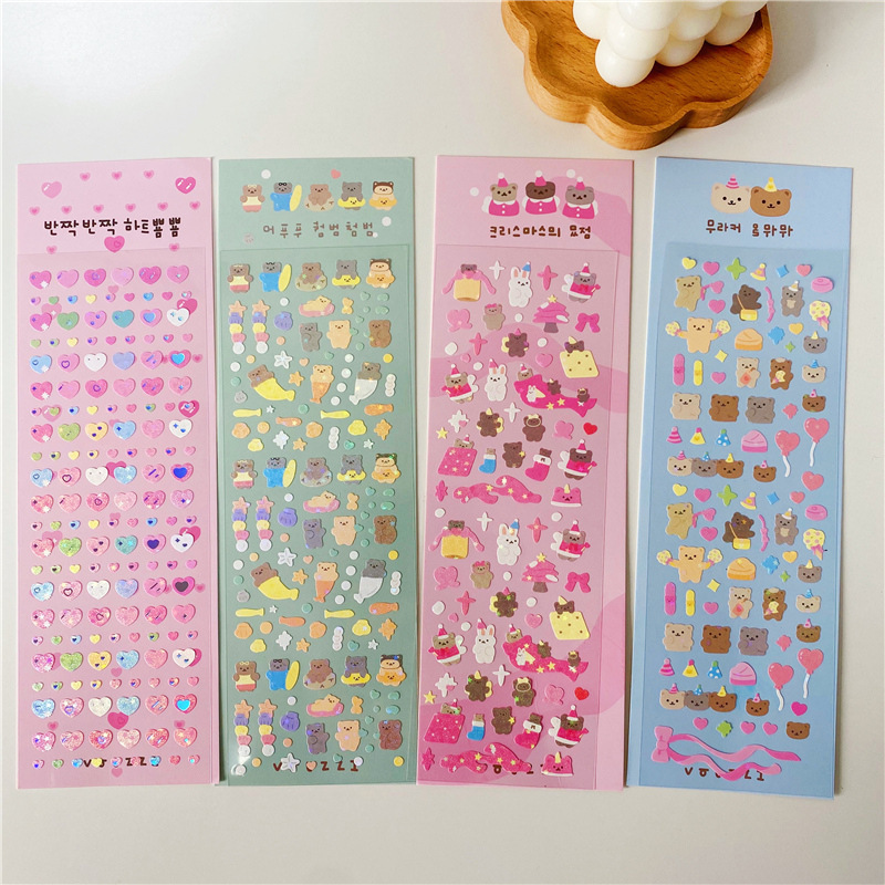 Cute cartoon bear rabbit series goo card stickers Korean ins hot silver laser sparkling love goo plate decorative stickers