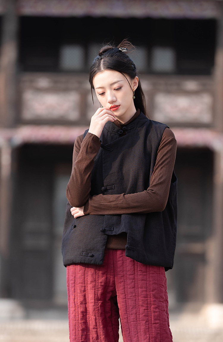 23 cotton and linen women's clothing New National style vintage buckle cotton vest top women's sand wash linen quilted warm vest_voghion.com