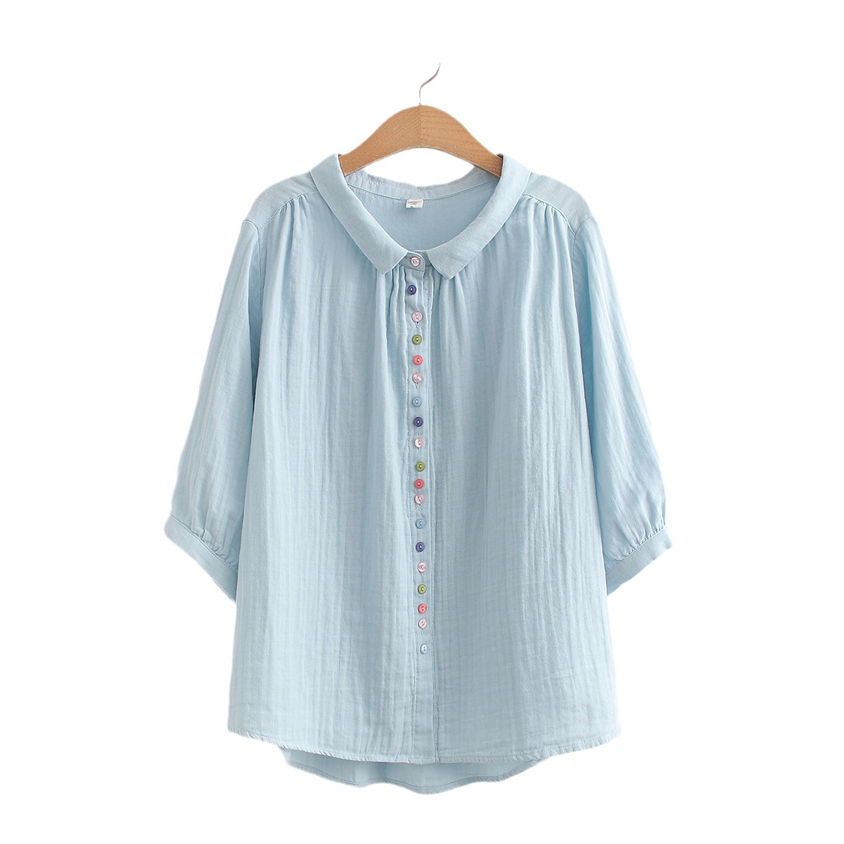 888125 fresh colorful button double-layer cotton yarn 3/4 sleeve shirt women's summer New loose slimming top