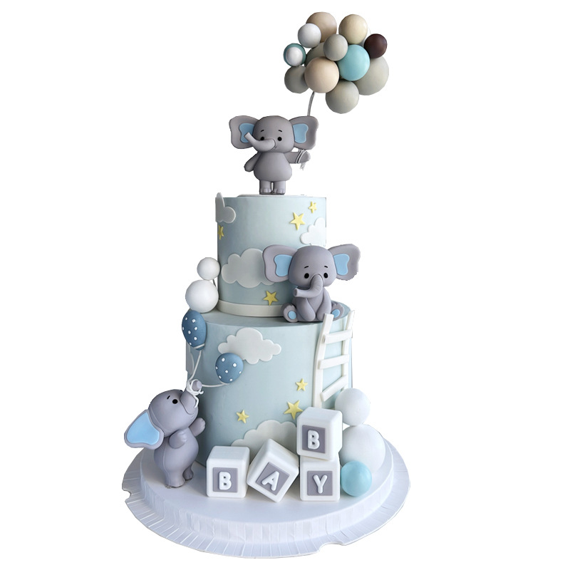 Cyber Celebrant BABY Elephant Cake Decoration Doll Ornaments Balloon BABY BABY Building Blocks Children's Birthday Cake Dress Up