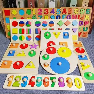 Montessori Geometric Panel Puzzle Teaching Aids Round Triangle Square Hand Grasping Panel Shape Color Cognitive Pairing Board