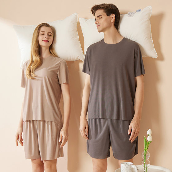 Cool Couple Pajamas Women's Round Neck Short-sleeved Pajama Pants Set Summer Shorts Men's Thin Seamless Ice Silk Home Clothes