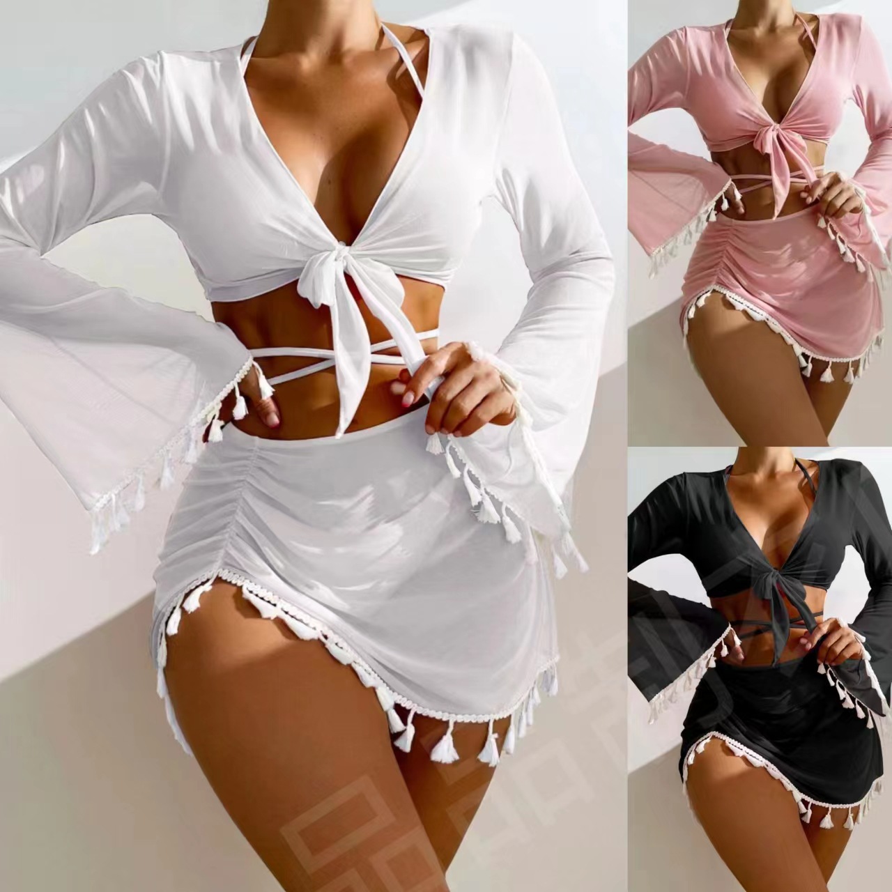 European and American ins hot girl bikini solid color tassel long-sleeved sun protection swimsuit four-piece set sexy swimsuit Bikini