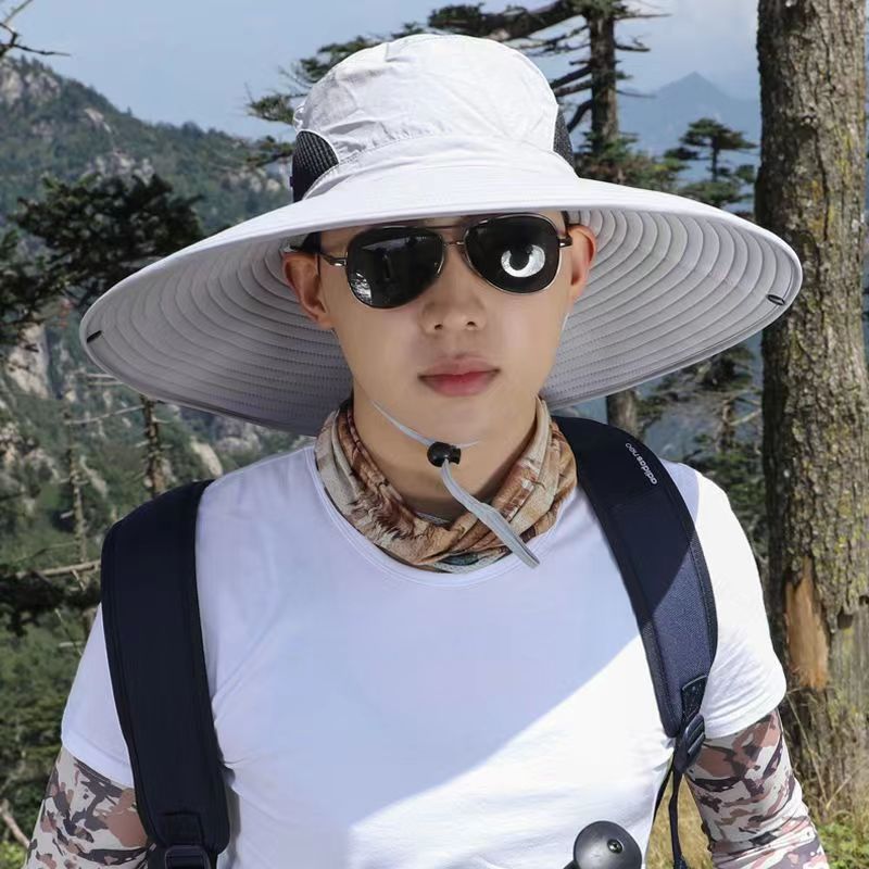 Sun Hat Men's Summer Outdoor Fishing Hat Sunscreen Hat Face-Covered Anti-UV Breathable 15cm Large Brim Fisherman Hat