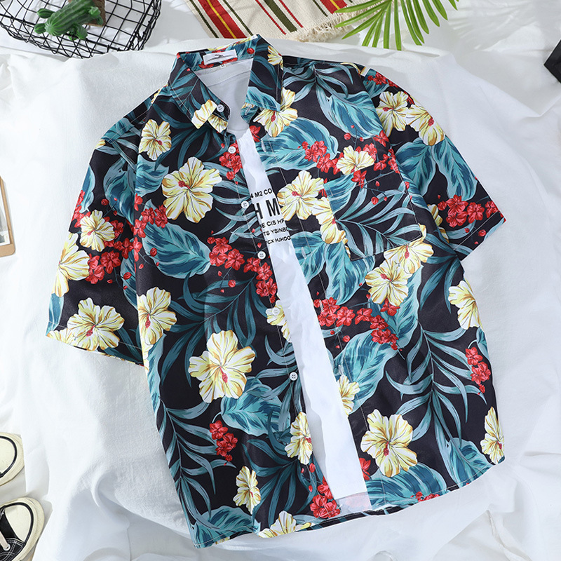 Japanese Floral Short-sleeved Shirt Vintage Hawaiian Men's and Women's Students All-match Casual Loose Beach Shirt Trendy