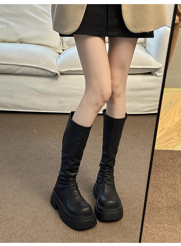 Moteriški storapadiai platforminiai aulinukai iki kelių 2023 m. rudens ir žiemos madingi klostuoti aulinukai iki kelių, ploni, elastingi aulinukai_voghion.com