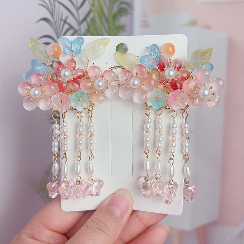 Hanfu Headwear for Girls and Children Chinese Style Walking Tassel Hairpin for Girls Super Fairy Princess Ancient Costume Flower Hairpin Headwear