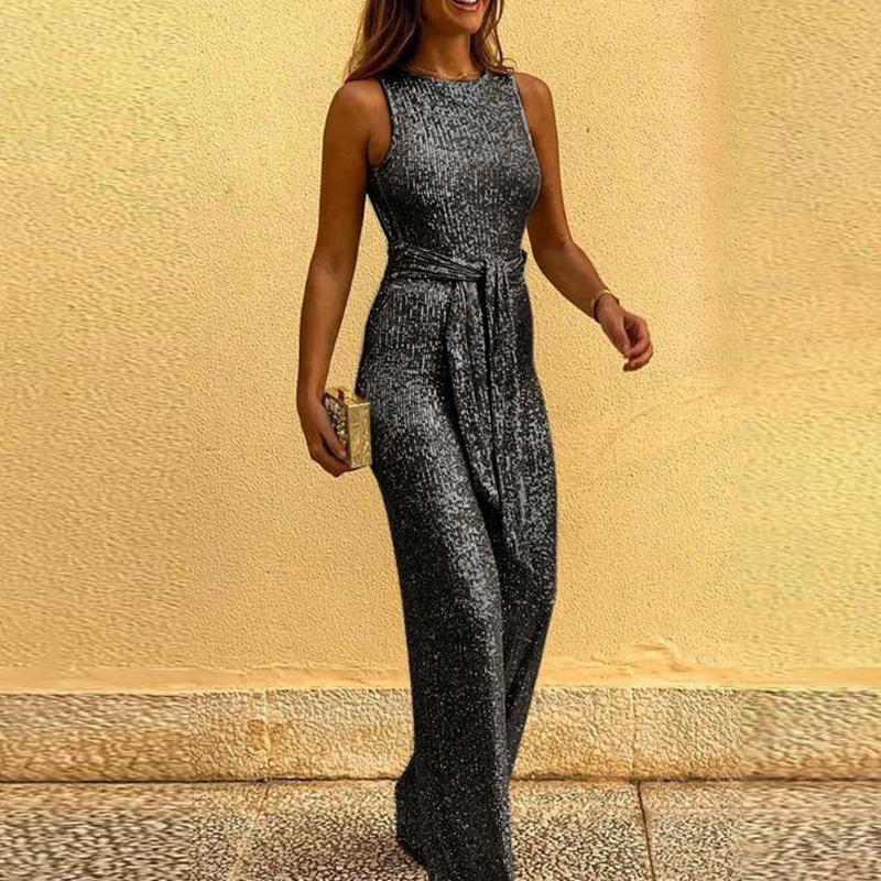 2023 cross-border wish European and American ebay Amazon crew neck sleeveless sequin Silver Point jumpsuit foreign trade women's clothing