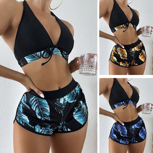 Swimming River Swimwear European and American New bikini Leaf Print Split Swimsuit Women's Shorts bikini Three-Piece Set