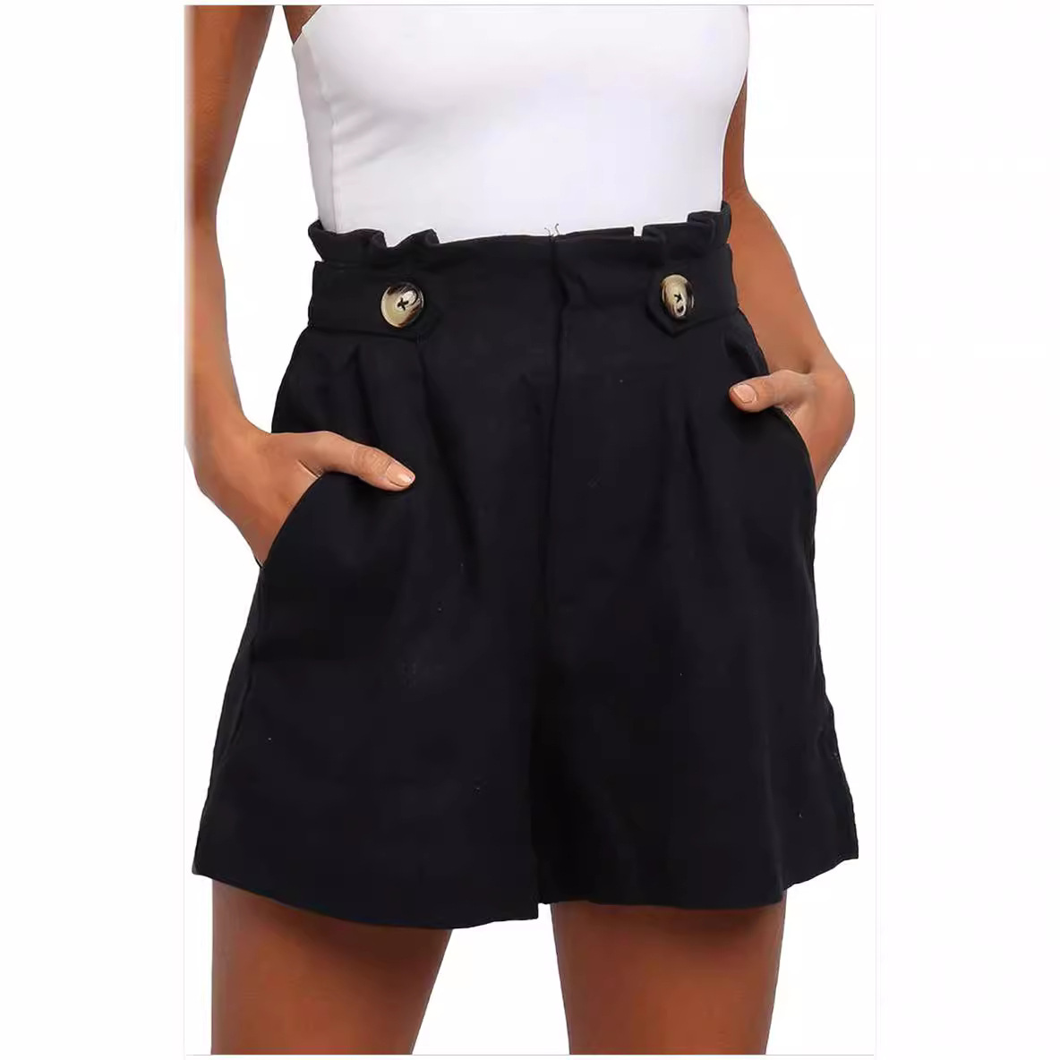 2024 Women's Summer Short Pleated Pocket A- Shaped Elastic Lace-Up High Waist New Shorts