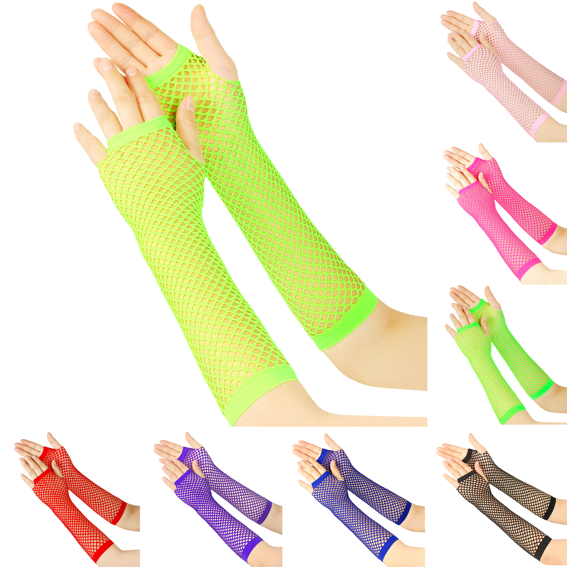 Cross-border short fishing net gloves nightclub multi-color sexy stretch gloves punk gloves European and American hollow mesh gloves_voghion.com