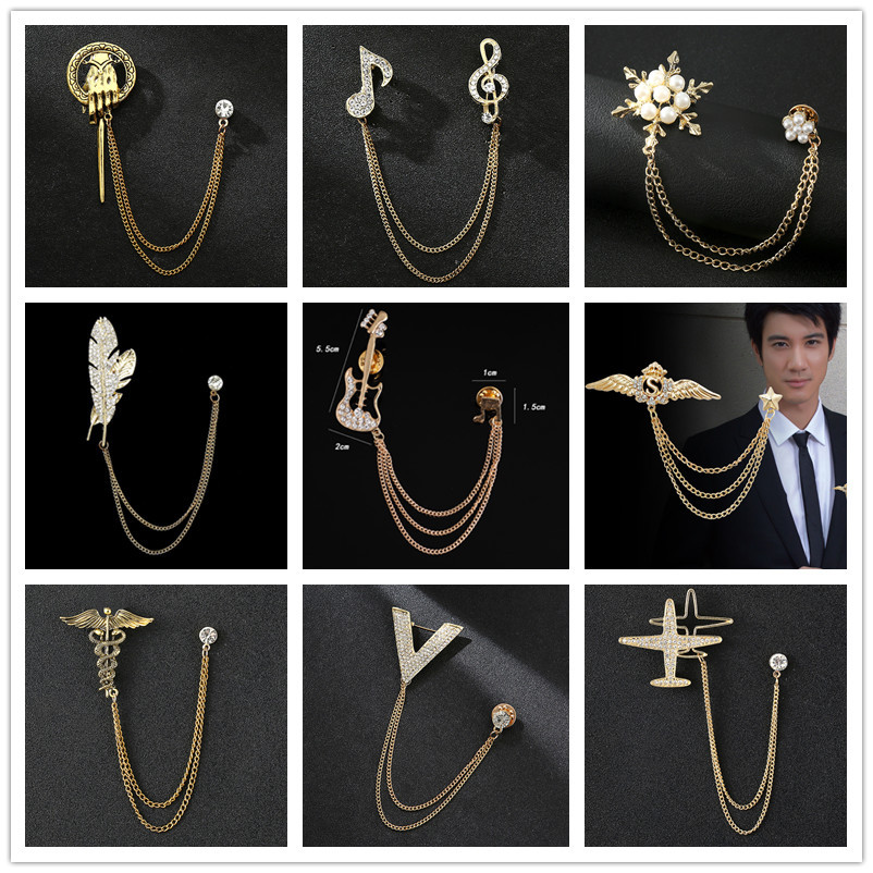 Note men's aircraft V-shaped snowflake feather palm eagle suit with chain fashion pin brooch accessories