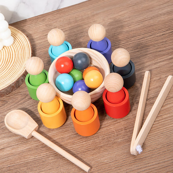 Children's Early Education Montessori Wooden Seven-color Ball and Cup Color Classification Cognitive Matching Pair-clip Bead Educational Toys