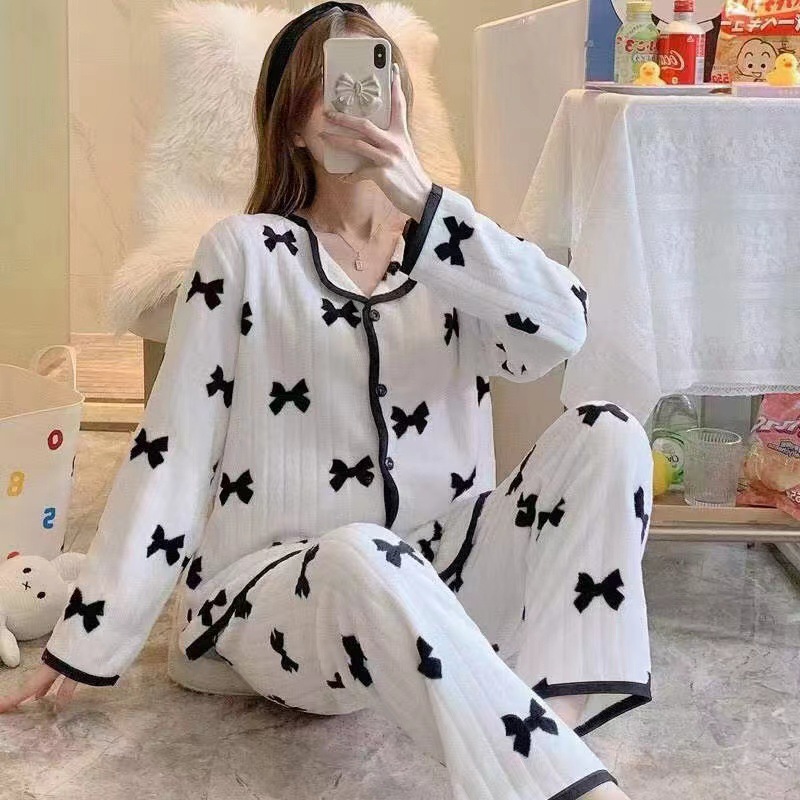Bow Coral Fleece Pajamas Home Clothes 2022 Autumn and Winter New Women's Outwear Loose Thickened Lazy Suit