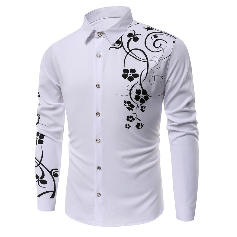 European and American new cross-border plus size men's simple shoulder printing business slim men's long-sleeved shirt fashion top